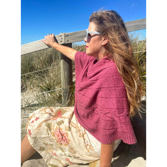 Poncho made from all natural fibres - merino wool, possum and silk. Gorgeous pink (Rosay) colour, perfect for periomenopause as great for layering. Slip ion when it gets cooler but easy to take off when having a hot flush
