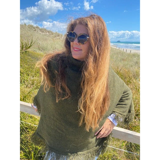 Possum + Merino + Silk Fringed Poncho - 2 Colours